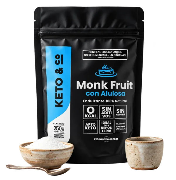 Alulosa con Monk Fruit Keto & Co x 250 g con taza y bowl · sugerencia de presentación