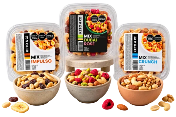 Mix Impulso, Dubai Rosé y Crunch de Keto & Co con bowls de frutos secos · sugerencia de presentación