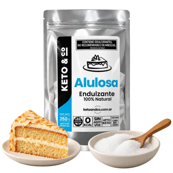 Alulosa Keto & Co x 250 g con porción de torta y bowl de endulzante · sugerencia de presentación